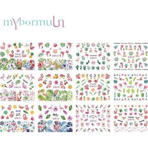 12 Designs Mixed Nail Water Decals Summer Jungle Flamingo Winter Xmas Snowman Colorful Flora Watermark Nail Sticker Decoration