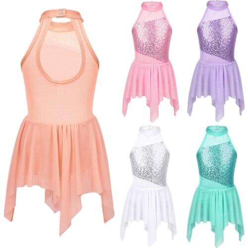 Kids Girls Sequins Gymnasrics Leotard Ballet Dress Irregular Figure Skating Dress Children Solo Dance Wear Lyrical Dance Costume
