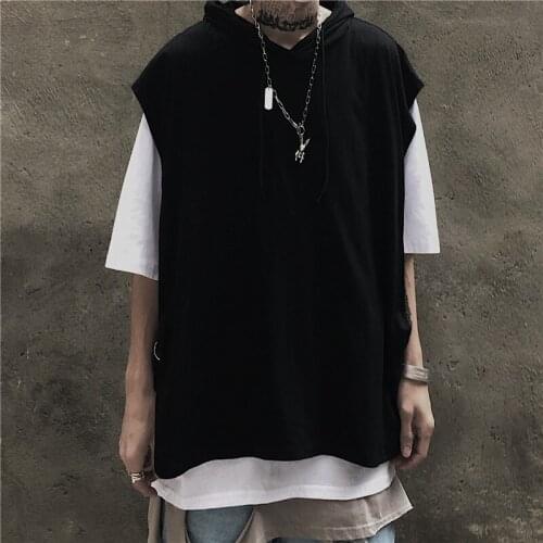 Techwear Fake Two Pieces Hooded Black And White Hip Hop Tops Tees Casual T-shirts Autumn High Street Tshirts Streetwear Pullover