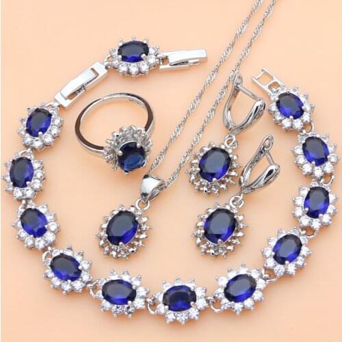 Silver 925 Earrings Jewelry Sets for Women Natural Blue Sapphire Stone Fashion Jewelry Gift for Her Party Necklace Sets 7 Colors