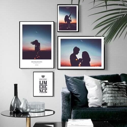 Modern Warm Romantic Home Decoration Painting Evening Sunset Night Sky Figure Silhouette Lovers Living Room Art Canvas Painting