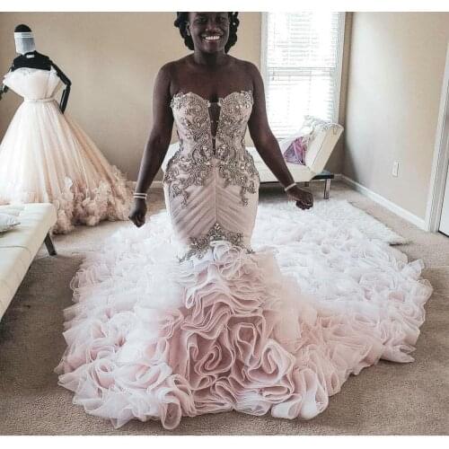 African Plus Size Mermaid Wedding Dresses Beads Appliqued Tiered Skirts Trumpet Bridal Gowns Beach Vintage Custom Made Wedding