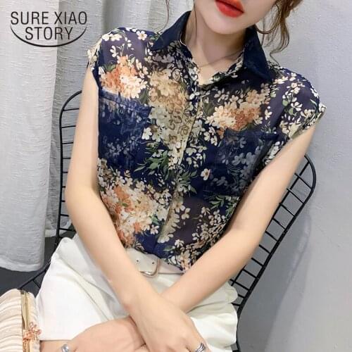 2021 Plus Size Cardigan Ladies Tops Summer Floral Chiffon Women Shirts Casual Sleeveless Print Blouse Women Blusas Mujer 10225