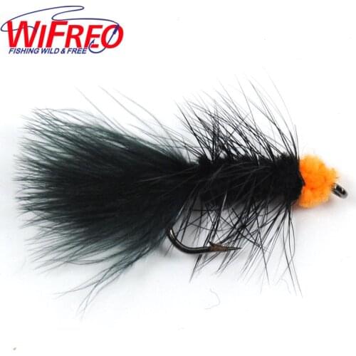 Wifreo 10PCS 6# Fly Fishing Insect Black Orange Egg Sucking Leech Wooly Streamer Fly Trout Fly Fishing Baits Marabou Flashabou