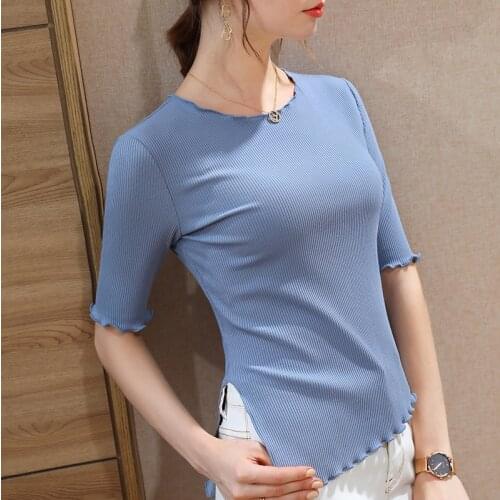 Women Irregular Split T-Shirt Urban Elegant Summer Half Sleeved Sexy Skinny Round Neck Lace Office Ladies Modal Solid Color Tops