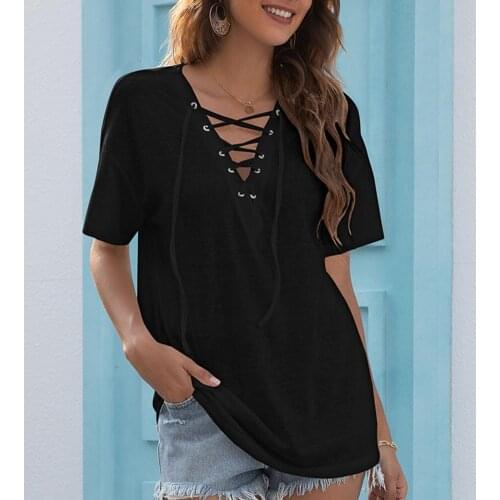 Women T-shirt V Neck Comfortable to Wear Polyester Short Sleeve Tops Shirt Blouse for Summer Solid Color Tie Design Blouse