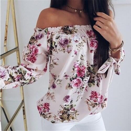 Women clothes Off Shoulder Floral print Casual pullover Top Lady Loose Polyester three quarters sleeve T-Shirt one pieces