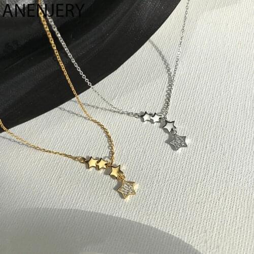 ANENJERY 925 Sterling Silver Dainty Unique Tassel Star Necklace for Women Cubic Zircon Clavicle Chain Necklace Jewelry S-N699
