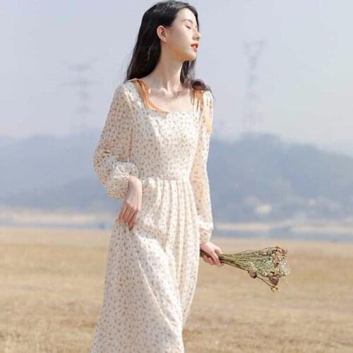 Spring Summer Sweet Chiffon Floral Dress Women 2021 Long Sleeve Lace Up Printed Long Chiffon Dress Women