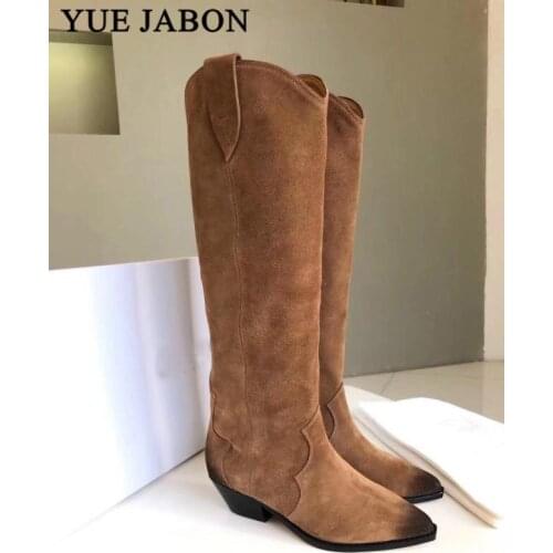 Winter Pointed Toe Genuine suede Leather Knee High Boots Women Chunky High Heel Knight Boots Motorcycle Boots zapatos de mujer