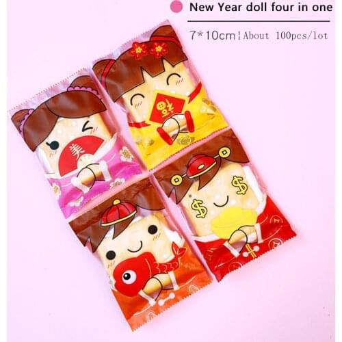 100pcs/lot 2020 New Cookie Packaging Bag Red Background Cartoon Cute New Year Doll Handmade Birthday Wedding Party Plastic Bags