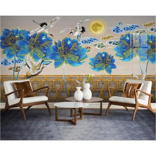 Beibehang customized new Chinese line drawing lotus crane light luxury landscape flower and bird background wallpaper wallpaper