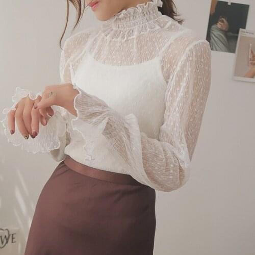 Heydress Female Bottoming Blouses Elastic Korean Fashion Cheaper Tops New Transparent Korean Loose Women Lace Blouse 22 Colors