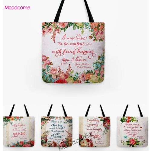 Large Floral Leaves Bookish Jane Austen Quotes Art Canvas Shoulder Tote Bag Water Resistant Cotton Linen Shopping Grocery Bag