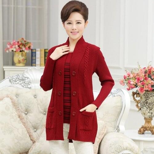 The New Long paragraph cardigan vest knit cardigan jacket middle-aged mother Ms. autumn and winter fashion two piece set TB155