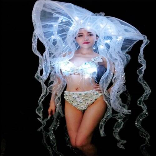 EC54 LED light Jellyfish ballroom dance costumes luminous bikini bra dresses sexy catwalk performance party wears dj clothe club