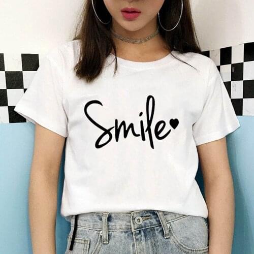 Smile Letter Print T Shirt Women Short Sleeve Tshirt Woman O Neck Loose Tshirt Summer Women Tee Shirt Camisetas Mujer