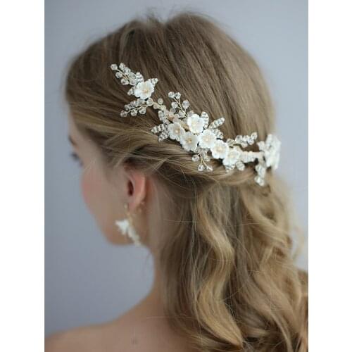Ceramic Flower Hair Comb white beads handmade women Wedding hair jewelry