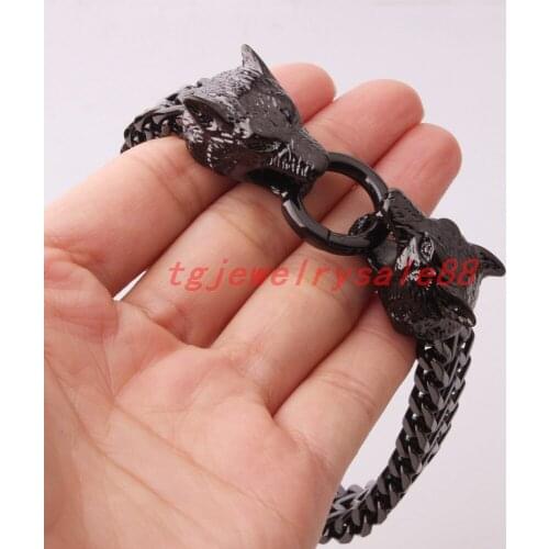 Classic Vintage 12mm Black Color Figaro Rolo Chain Bracelet Biker Mens Stainless Steel Wolf Head Clasp Cuff Jewelry 8.66"