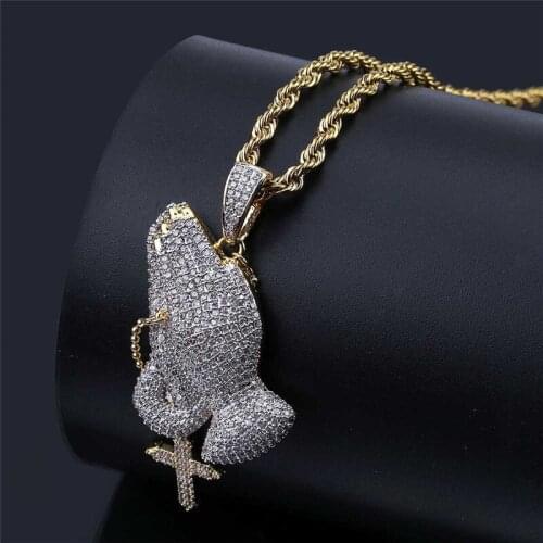 Iced Out Cubic Zircon Praying Hands Pendant With Cross Charms Necklace Fashion Luxury Hip Hop Designer Jewelry