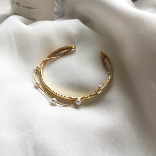 Trendy Women Jewelry Metal Cuff Bracelet Gold Plating Simulated Round Chunky Open Bangle Pearl Link Chain Bracelet Gifts