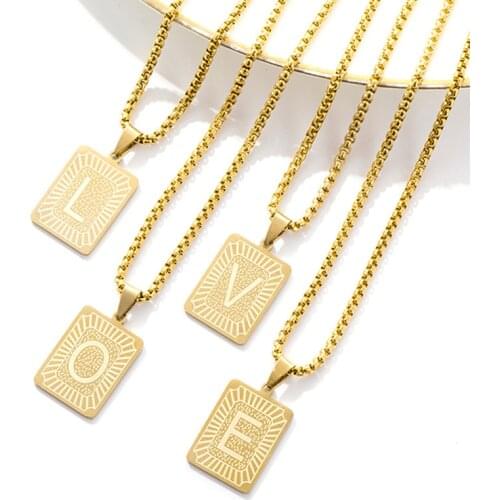 Stainless Steel 26 Initials Letter Gold Tag Pendant Necklace Minimalism Men Women Dog Tag Rectangle Jewelry Gift For Him