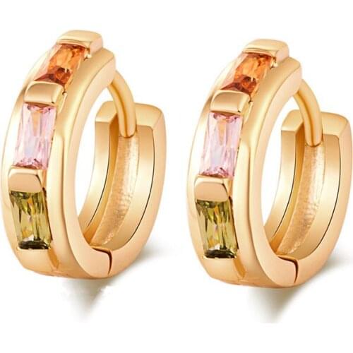 New Fashion Pave Square Colorful Zirconia Hoop Earrings Real Yellow Gold Filled Charm OL Ladys Huggie Earrings