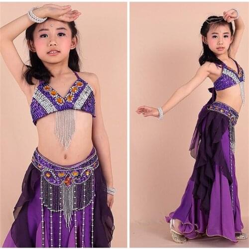 2020 New Children Belly Dance Costume 3Pcs/set (Bra+Belt+Dress) High Quality 8 Colors Bollywood Indian Performance Dance Dress