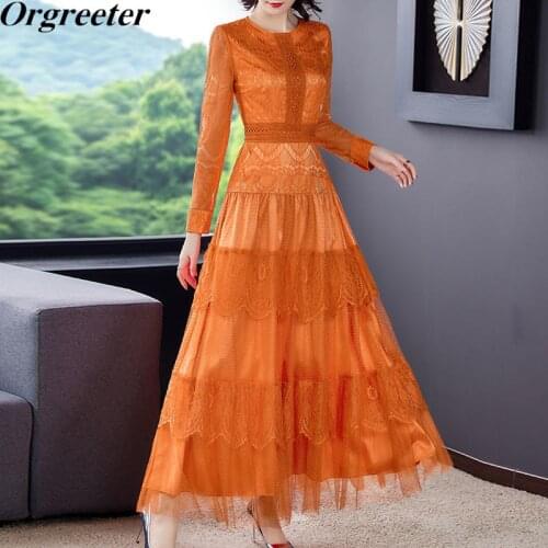 Orange Long Maxi Dress for Women High Quality 2021 Spring Fall New O-neck Long Sleeve Slim Lace Dress Robe Femme Party Dress