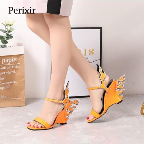Perixir Design Women Sandals Patent Leather Flame Wedges Open Toe Novelty 2021 Summer New Arrival Lady Shoes Large Size35-43