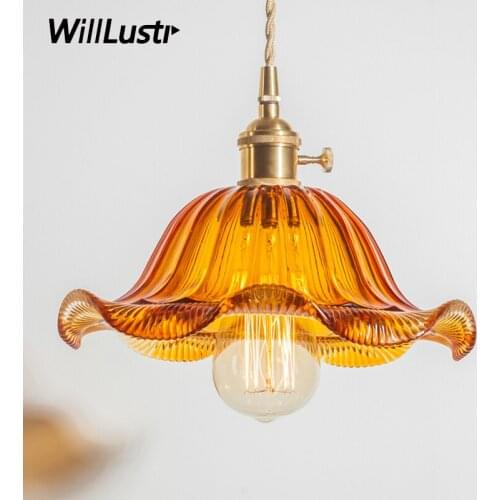 Nordic vintage crystal color pressed glass lotus leaf pendant light home dinning room hotel restaurant brass suspension lamp