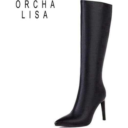 ORCHALISA Sexy Women Luxury Modern Knee High Boots PU Leather Zipper Pointed Toe Stileeto Heel Ladies Party Size 33-45 S2482