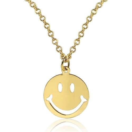 Simple Smiling Face Round Pendant Silver Plated Golden Metallic Necklace for Women Around 46 cm
