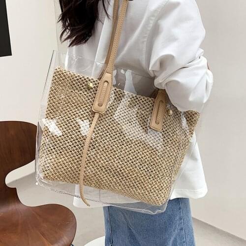 Transparent PVC Straw Shoulder Bags for Women 2021 Summer Fashion Tassel ladies Handbags big capacity Totes Beach Bag bolsas