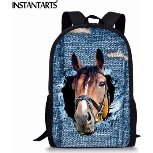 INSTANTARTS Blue Denim Cat Printed Boys Girls School Bags Cool 3D Print Student Book Bags for Teenagers Casual Softback Backpack