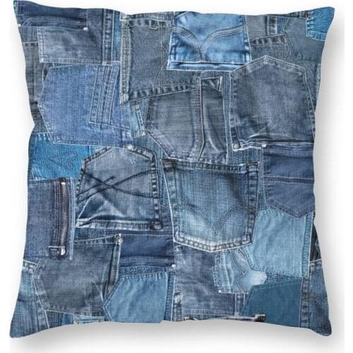 Blue Denim Jeans Pocket Patchwork Cushion Cover 40x40cm Home Decorative Printing Fashion Texture Throw Pillow for Living Room