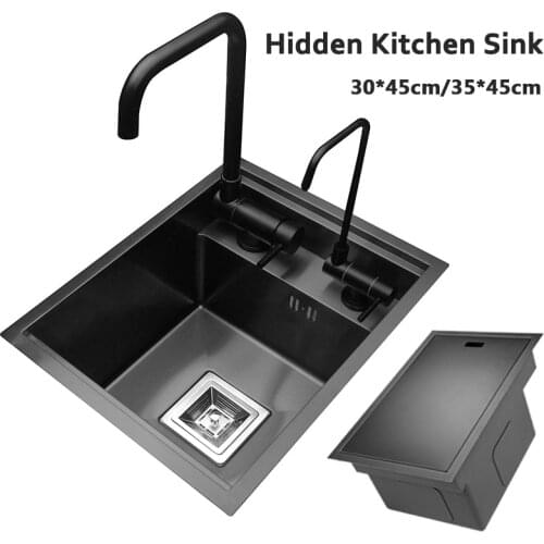 Hidden Kitchen Black Sink Single Bowl Stainless Steel Bar Balcony Pool Sink Concealed Black Small Size Sink With Clean Water Tap