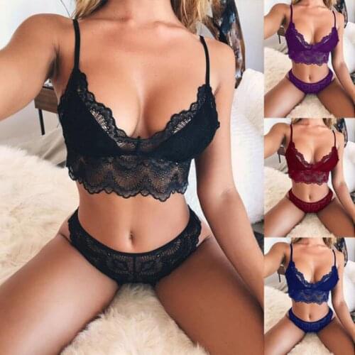 Sexy Temptation Lace Solid Color Mesh Deep V Sexy Bra + Panties Two-piece Suit
