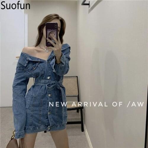Suofun Sheath 2021 New Fashion Womens Mini Long Sleeve Jeans Belt Spring Autumn The Girls Mini Dress