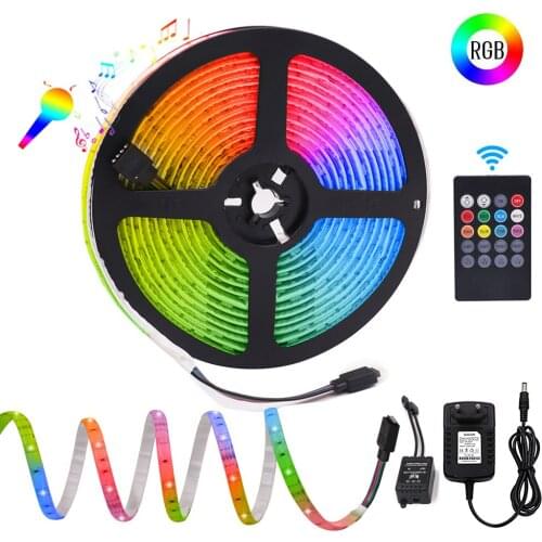 5m 5050 RGB LED Strip Light 12V Music Sync Color Changing Remote Control Strong Sponge Tape LED Ribbon Decoration+ 2A Power Plug