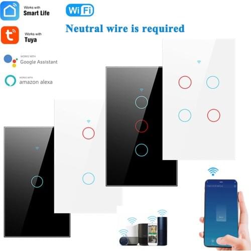 1/2/3/4 gang TUYA WiFi Smart Touch Switch Home Light Wall Button 120*72mm Neutral wire for Alexa Google Home Home US Standard