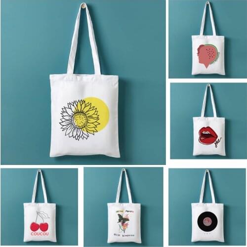 Vintage Fine Line Cartoon Print Shopping Bags Girls Hip Hop Graphic Pacakge Hand Bag Eco Friendly Cute Bag Canvas