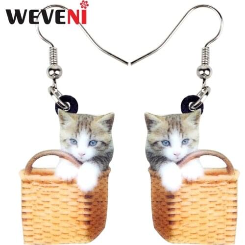 WEVENI Acrylic Basket Of Sweet Kitten Cat Earrings Drop Dangle New Trendy Cute Animal Jewelry For Women Girl Statement Brincos