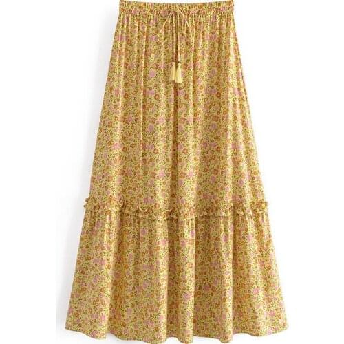 Skirts Women Elastic Waist Floral Print Tassel Drawstring Midi Skirt Summer Casual Loose Holiday Faldas Mujer 2021