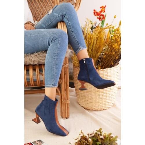 Jilberto Lylah Navy Blue Suede Tan Heels Pointed Toe Bootie 'Turkish' Quality 2021 Fashion Design Season Comfort Fast Shippi