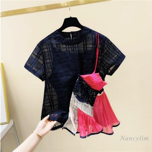 Fashion Short Sleeve Blouse for Women 2021 Spring Summer New Lace Strap Stitching Organza Irregular Shirt Lady Tops Blusa