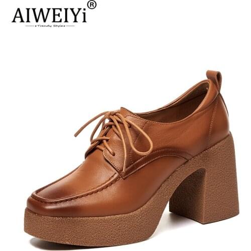 AIWEIYi Square Toe Thick High Heels Shoes Woman Spring Real Leather Platform Lace Up High Heels British Retro Brown Women Shoes