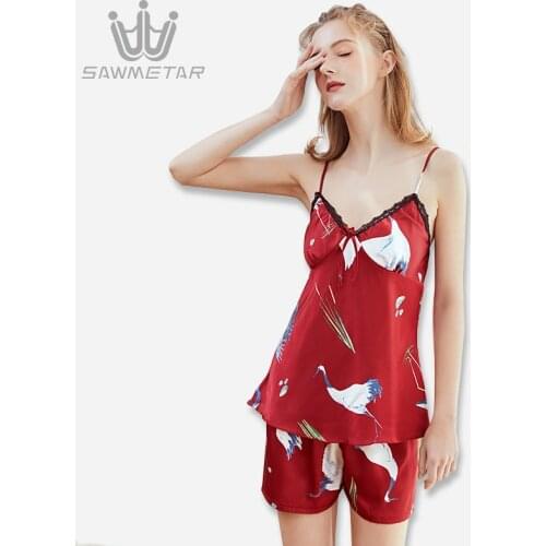 Women Sexy Spaghetti Strap Silk Sleep Set Sleeveless Sleepwear Night Gown Short Summer Satin Night Set 2020 New Style Fashion
