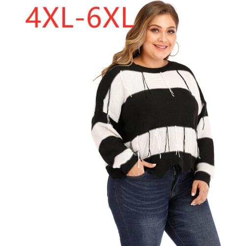 New autumn winter plus size sweater for women large long sleeve loose black white stripe backless knit pullover tops 4XL 5XL 6XL