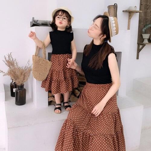 2pcs/set Family Matching Outfits Mother Daughter Top Tee Shirt+ Dot Skirt Momm Mum Mama Girls Princess Dress Summer Clothing